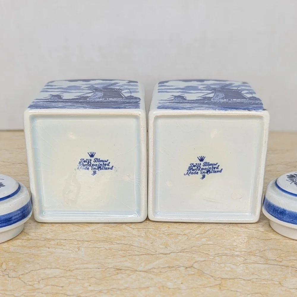 Vintage Pair Blue Delft Spice Jars Ceramic Lidded Holland Canisters